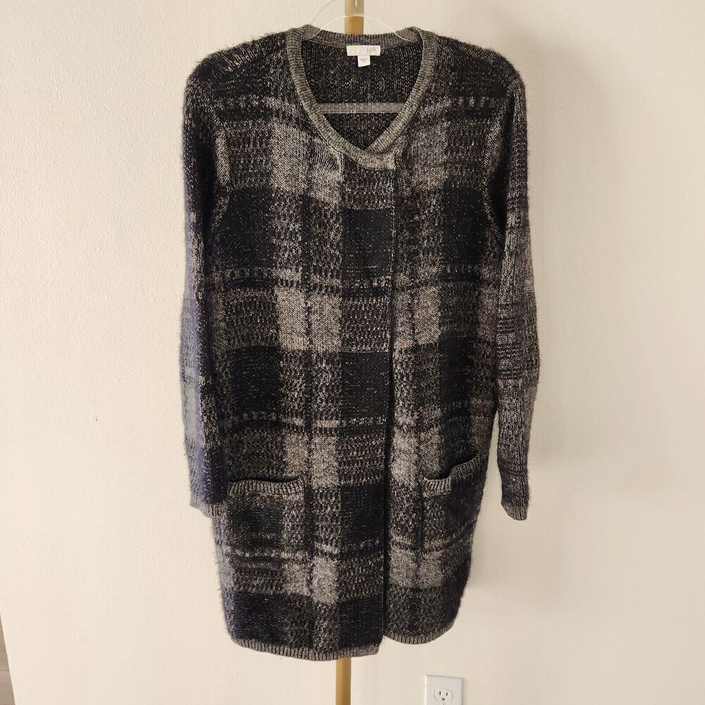 J. Jill Button Front Cardigan Jacket Wrap Womens Size Large Black Gray Plaid